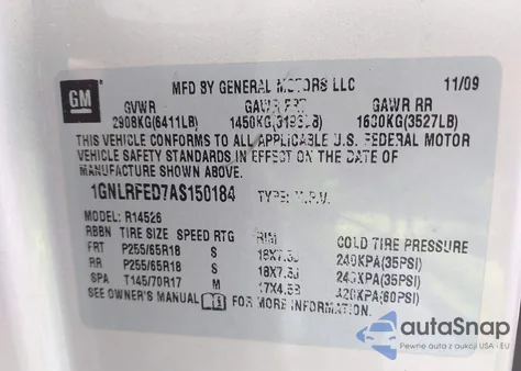 2010 Chevrolet Traverse Lt z USA, uszkodzony, nr VIN 1GNLRFED7AS150184